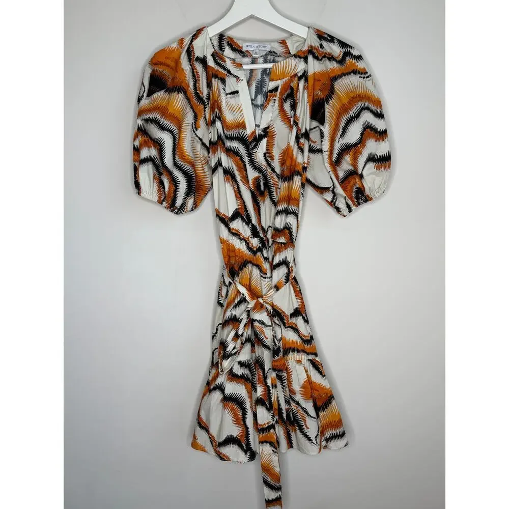 Willa Story Rachel Puff Sleeve V-Neck Babydoll Mini Dress Orange Black Womens XS - Picture 2 of 9